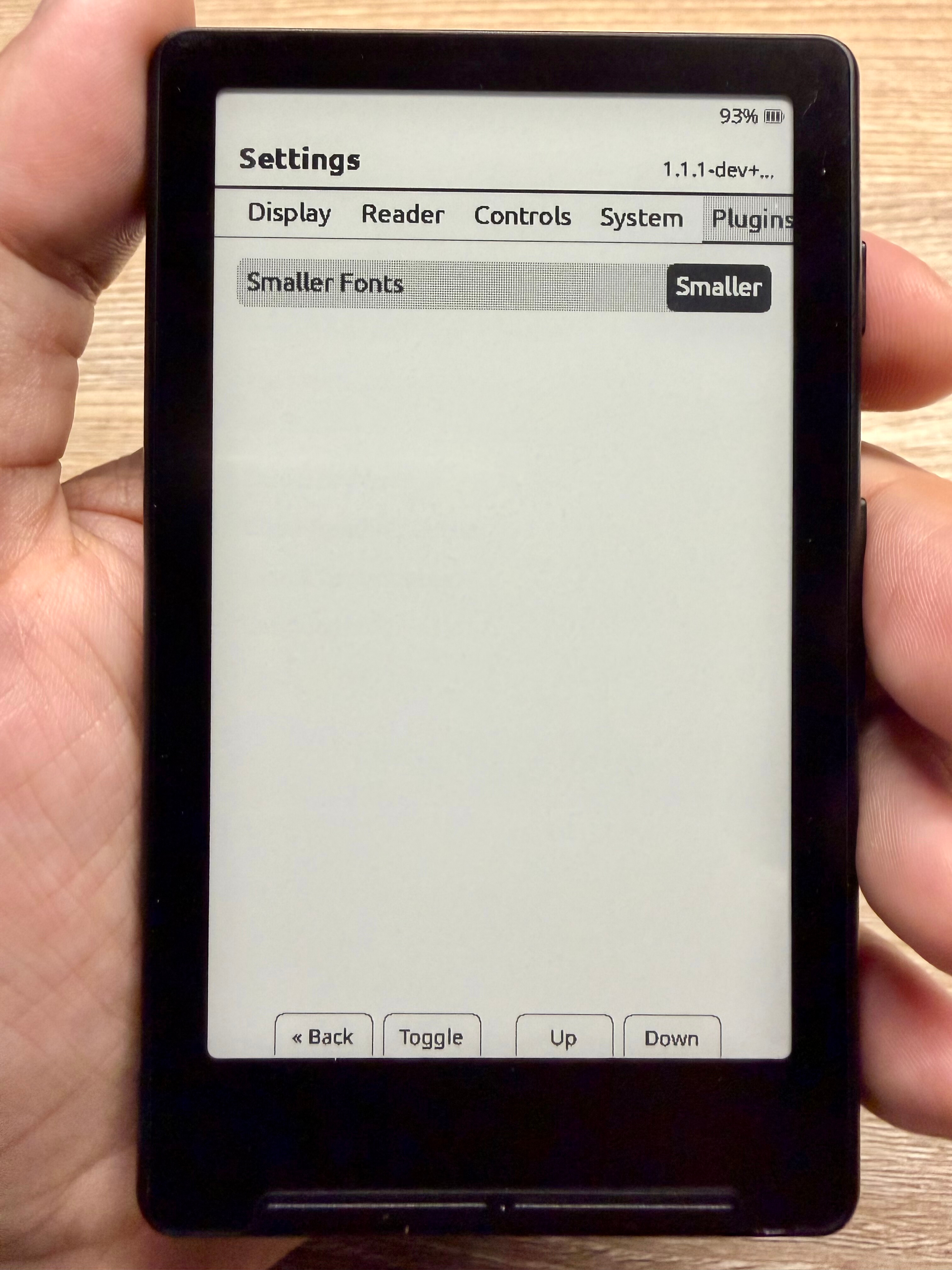 Smaller Fonts plugin settings tab on the xteink device